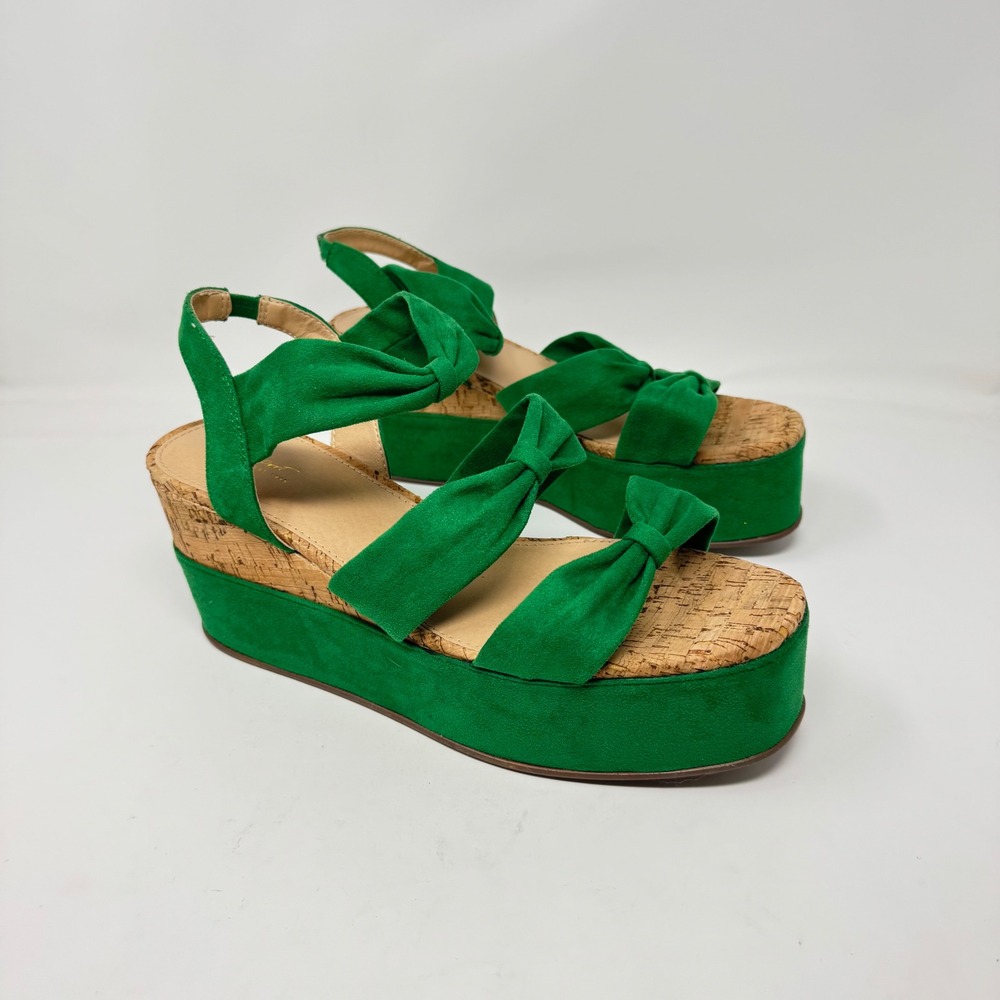 Comfort View Green Faux Suede Triple Bow Cork Platform Wedge Sandals 11W
